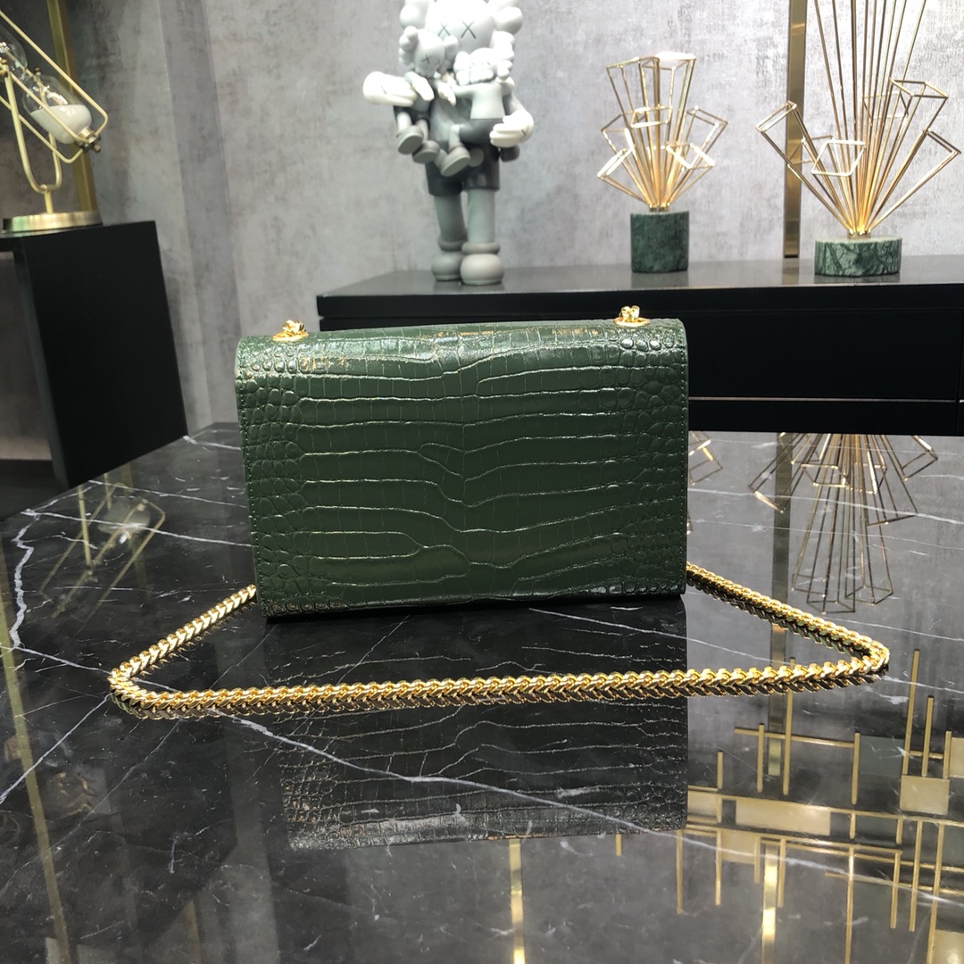 Saint Laurent Kate Tassel Small Crocodile Embossed Calfskin Shoulder Bag Handbag Army Green 474366 Gold